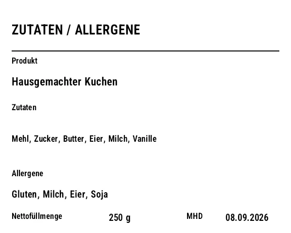 Vorschau von Allergen-/Zutatenlabel