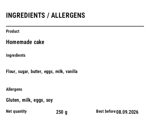 Preview of Allergen / Ingredient Label