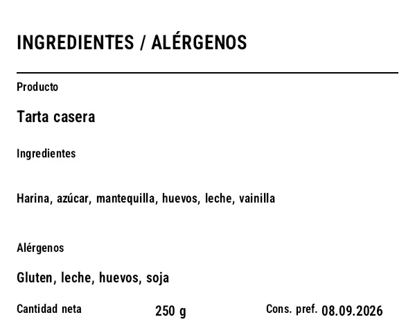 Vista previa de Etiqueta de alérgenos e ingredientes