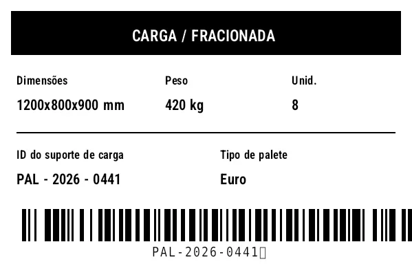 Prévia de Etiqueta de carga/dimensões