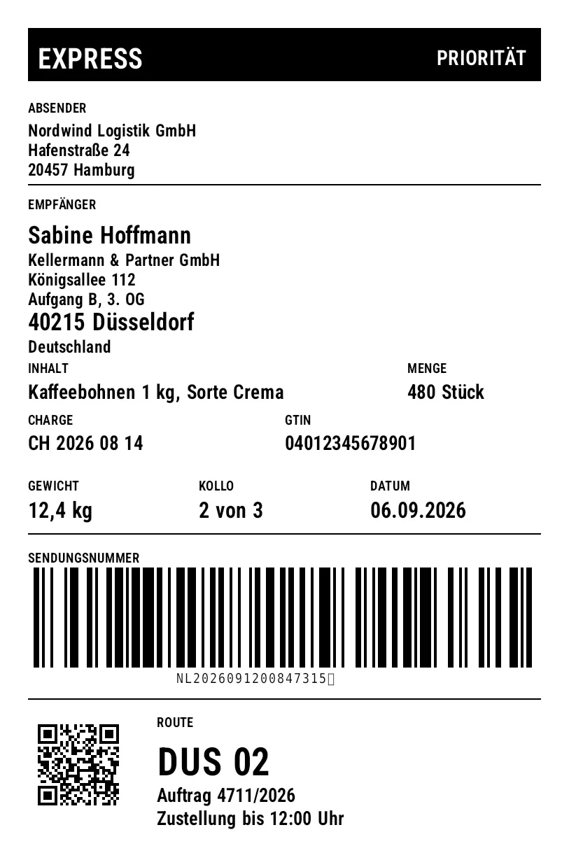 Vorschau von Versandetikett mit Details